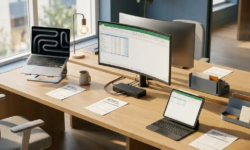 Bureau met laptop, dockingstation met twee monitoren en tablet naast kostenoverzichten, verlicht door natuurlijk noordelijk raamlicht.