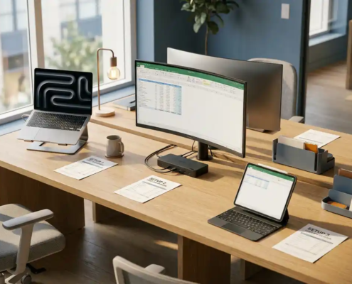 Bureau met laptop, dockingstation met twee monitoren en tablet naast kostenoverzichten, verlicht door natuurlijk noordelijk raamlicht.