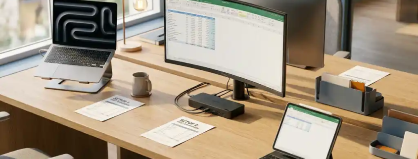Bureau met laptop, dockingstation met twee monitoren en tablet naast kostenoverzichten, verlicht door natuurlijk noordelijk raamlicht.