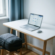 Laptop en draadloze muis op wit staand bureau met Microsoft Teams op scherm, reistas ernaast, zacht natuurlijk kantoorlicht.