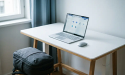 Laptop en draadloze muis op wit staand bureau met Microsoft Teams op scherm, reistas ernaast, zacht natuurlijk kantoorlicht.