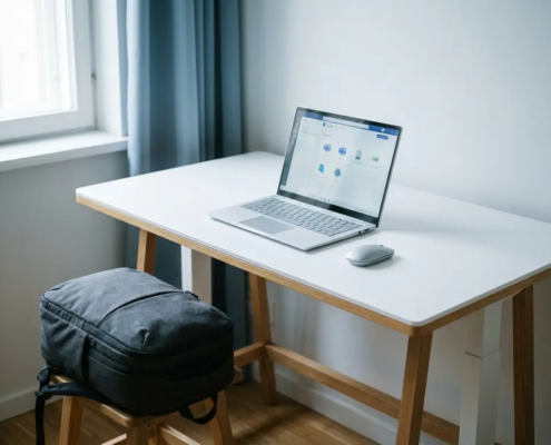 Laptop en draadloze muis op wit staand bureau met Microsoft Teams op scherm, reistas ernaast, zacht natuurlijk kantoorlicht.