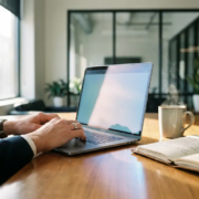 laptop-werkplek-koffie-kantoor-productiviteit.jpg Handen van een professional op een laptop in een modern kantoor, met een dampende koffiekop en notitieboek in warm-blauw licht.