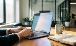 Handen van een professional op een laptop in een modern kantoor, met een dampende koffiekop en notitieboek in warm-blauw licht.