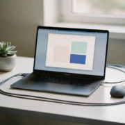laptop-bureau-werkplek-organisatie-overgang.jpg Moderne laptop op een opgeruimd bureau met draadloze muis, kabels en een succulent in zacht daglicht.