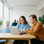 kantoor-medewerker-laptop-samenwerking-werkplek.jpg Glimlachende medewerker werkt zelfverzekerd op laptop in lichte kantoorruimte, collega biedt ondersteuning op de achtergrond.