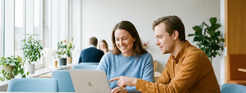 Glimlachende medewerker werkt zelfverzekerd op laptop in lichte kantoorruimte, collega biedt ondersteuning op de achtergrond.