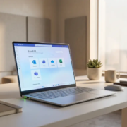 Laptop met Microsoft 365-dashboard op een modern bureau, verlicht door zacht natuurlijk licht in een professionele ICT-werkruimte.