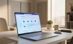 Laptop met Microsoft 365-dashboard op een modern bureau, verlicht door zacht natuurlijk licht in een professionele ICT-werkruimte.