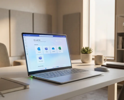 Laptop met Microsoft 365-dashboard op een modern bureau, verlicht door zacht natuurlijk licht in een professionele ICT-werkruimte.