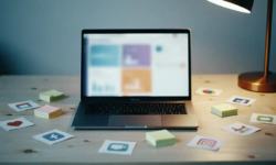 Laptop met Microsoft 365-dashboard op een Scandinavisch bureau, omringd door ongebruikte sticky notes en papieren app-iconen in blauw- en grijstinten.