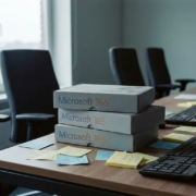 microsoft-software-dozen-kantoor-bureau.jpg Stapel ongeopende Microsoft 365-softwareboxen op een modern kantoorbureau met verspreide sticky notes en verlaten toetsenborden.