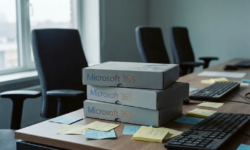 Stapel ongeopende Microsoft 365-softwareboxen op een modern kantoorbureau met verspreide sticky notes en verlaten toetsenborden.