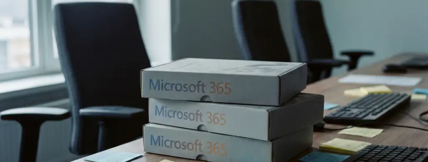 Stapel ongeopende Microsoft 365-softwareboxen op een modern kantoorbureau met verspreide sticky notes en verlaten toetsenborden.