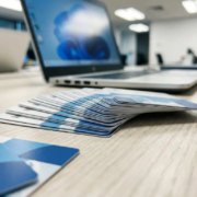 microsoft-licenties-selectie-kantoor-bureau.jpg Uitgewaaierde Microsoft 365-licentiekaarten op een modern bureau, met een laptop op de achtergrond in blauw- en zilvertinten.
