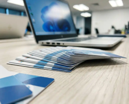 Uitgewaaierde Microsoft 365-licentiekaarten op een modern bureau, met een laptop op de achtergrond in blauw- en zilvertinten.
