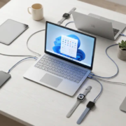 Bovenaanzicht van laptops, smartphones en tablets op wit bureau, verbonden door kabels met centrale laptop in Microsoft-blauw licht.