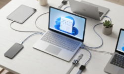 Bovenaanzicht van laptops, smartphones en tablets op wit bureau, verbonden door kabels met centrale laptop in Microsoft-blauw licht.