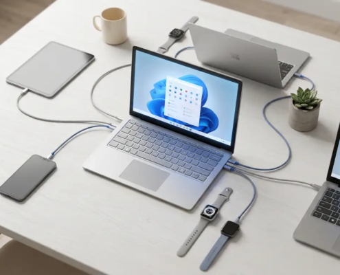 Bovenaanzicht van laptops, smartphones en tablets op wit bureau, verbonden door kabels met centrale laptop in Microsoft-blauw licht.