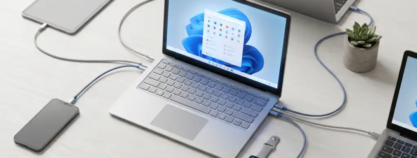 Bovenaanzicht van laptops, smartphones en tablets op wit bureau, verbonden door kabels met centrale laptop in Microsoft-blauw licht.