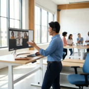 Medewerker werkt staand achter bureau met Microsoft Teams op groot scherm in licht modern kantoor met collega's op achtergrond.