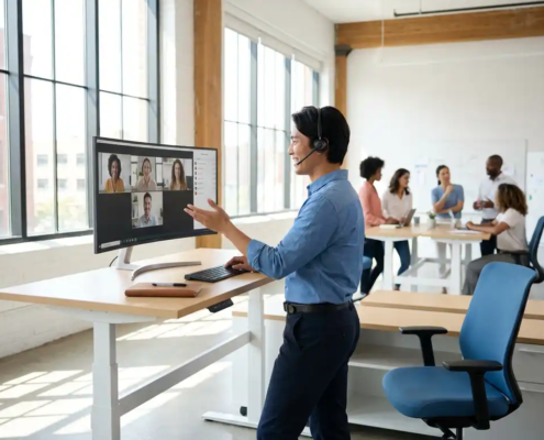 Medewerker werkt staand achter bureau met Microsoft Teams op groot scherm in licht modern kantoor met collega's op achtergrond.