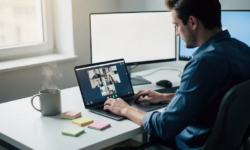 Professional aan modern bureau gebruikt Microsoft Teams op laptop, met tweede monitor, koffie en sticky notes in natuurlijk daglicht.