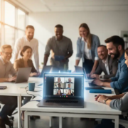 Diverse medewerkers verzamelen zich rond een laptop met Microsoft Teams in een licht modern kantoor met grote ramen.