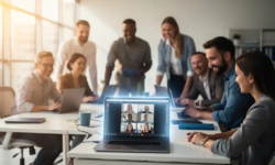 Diverse medewerkers verzamelen zich rond een laptop met Microsoft Teams in een licht modern kantoor met grote ramen.