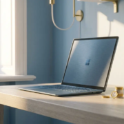 microsoft-abonnement-kosten-maandelijks-kantoor.jpg Laptop op modern bureau met stapel euromunten en maandkalender, zacht ochtendlicht, Microsoft 365-abonnement kosten.