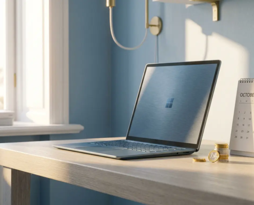Laptop op modern bureau met stapel euromunten en maandkalender, zacht ochtendlicht, Microsoft 365-abonnement kosten.