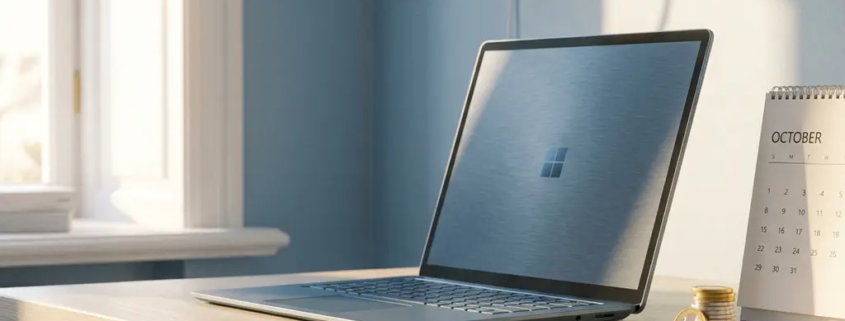 Laptop op modern bureau met stapel euromunten en maandkalender, zacht ochtendlicht, Microsoft 365-abonnement kosten.