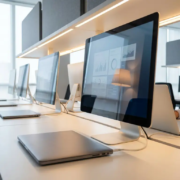 Rij identieke laptops op een wit bureau in een modern kantoor met Microsoft 365-beheerdashboard op scherm.