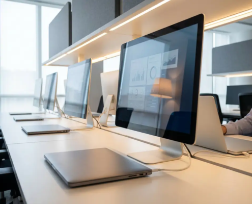 Rij identieke laptops op een wit bureau in een modern kantoor met Microsoft 365-beheerdashboard op scherm.