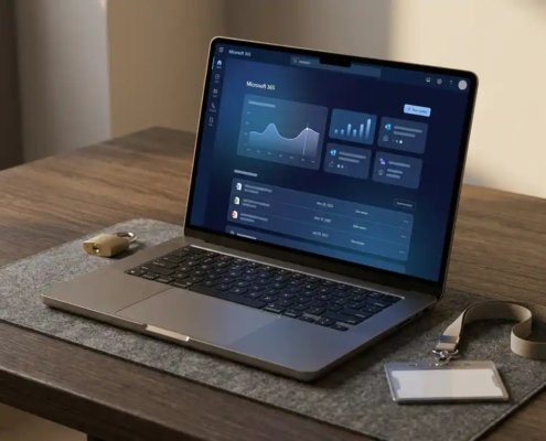 Microsoft 365-dashboard op laptop met hangslot en beveiligingsbadge op bureaublad, symboliseert digitale compliance.