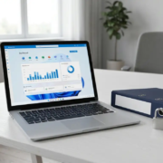 microsoft-beveiliging-compliance-laptop-bureau.jpg Laptop met Microsoft 365-dashboard op modern bureau naast een beveiligingsmap en hangslot, kantooromgeving met natuurlijk raamlicht.