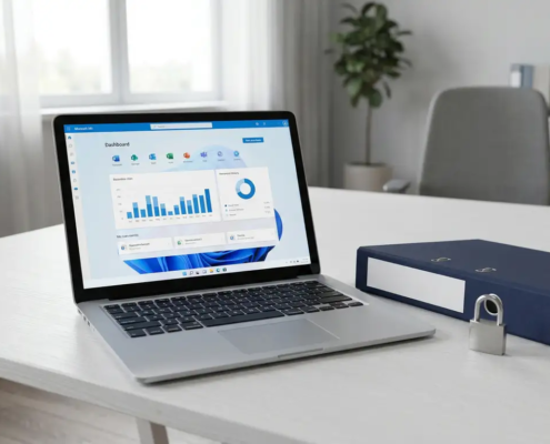 Laptop met Microsoft 365-dashboard op modern bureau naast een beveiligingsmap en hangslot, kantooromgeving met natuurlijk raamlicht.
