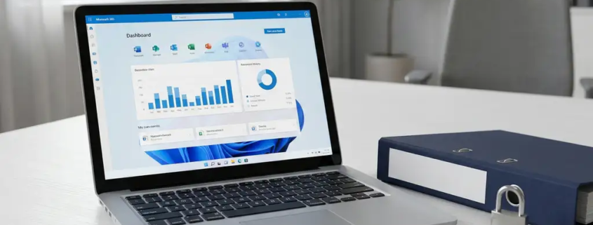 Laptop met Microsoft 365-dashboard op modern bureau naast een beveiligingsmap en hangslot, kantooromgeving met natuurlijk raamlicht.
