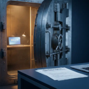 Zware stalen kluisdeur op een kier met warm licht dat een Microsoft 365-werkruimte onthult, naast een laptop en compliance-checklist op modern bureau.
