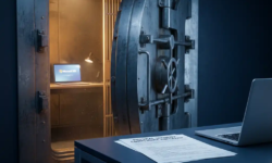 Zware stalen kluisdeur op een kier met warm licht dat een Microsoft 365-werkruimte onthult, naast een laptop en compliance-checklist op modern bureau.