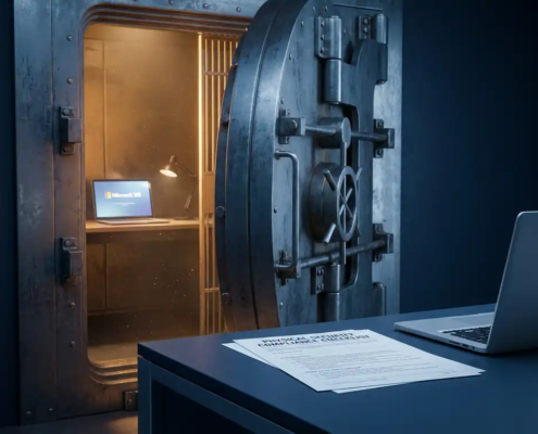 Zware stalen kluisdeur op een kier met warm licht dat een Microsoft 365-werkruimte onthult, naast een laptop en compliance-checklist op modern bureau.