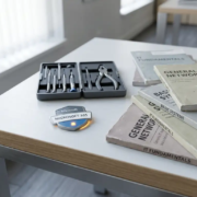 microsoft-certificering-specialist-bureau-toolkit.jpg Microsoft 365-certificeringsbadge op modern bureau naast IT-handboeken en gespecialiseerde toolkit, koel staalblauw en wit met warm amberkleurig licht.