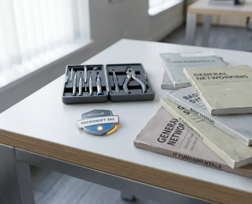 Microsoft 365-certificeringsbadge op modern bureau naast IT-handboeken en gespecialiseerde toolkit, koel staalblauw en wit met warm amberkleurig licht.