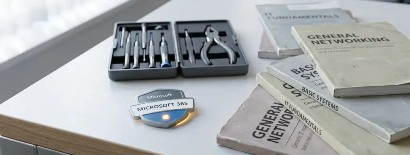 Microsoft 365-certificeringsbadge op modern bureau naast IT-handboeken en gespecialiseerde toolkit, koel staalblauw en wit met warm amberkleurig licht.