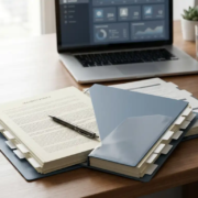 Open compliancemap met beveiligingsbeleiddocumenten en tabbladen op een zakelijk bureau, pen erop, laptop met admin-dashboard op de achtergrond.