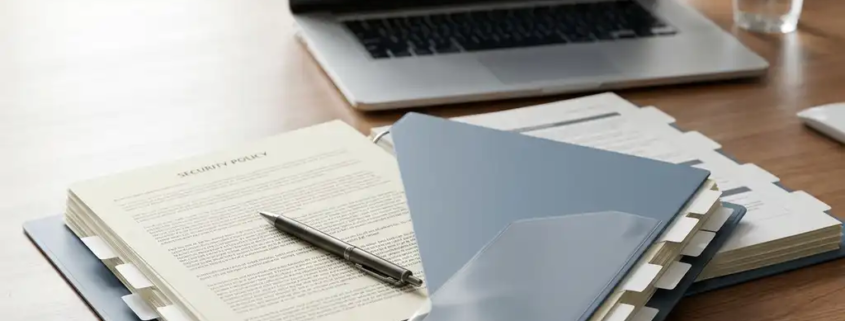 Open compliancemap met beveiligingsbeleiddocumenten en tabbladen op een zakelijk bureau, pen erop, laptop met admin-dashboard op de achtergrond.
