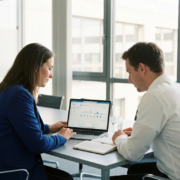 IT-consultant en klant bekijken samen een Microsoft 365-dashboard op laptop tijdens professioneel overleg in modern kantoor.