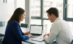 IT-consultant en klant bekijken samen een Microsoft 365-dashboard op laptop tijdens professioneel overleg in modern kantoor.