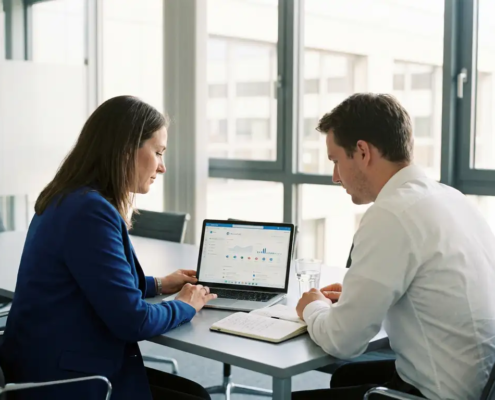 IT-consultant en klant bekijken samen een Microsoft 365-dashboard op laptop tijdens professioneel overleg in modern kantoor.