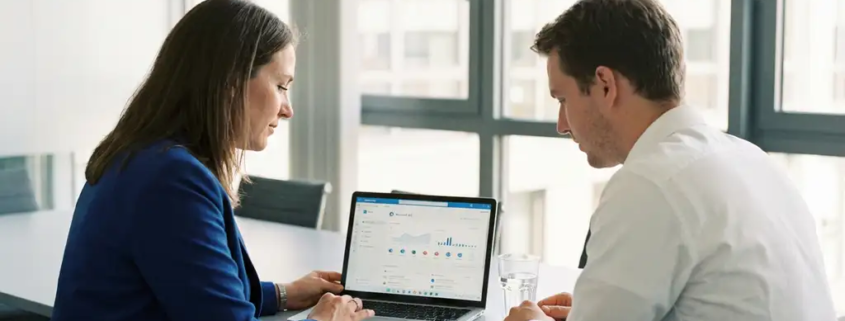 IT-consultant en klant bekijken samen een Microsoft 365-dashboard op laptop tijdens professioneel overleg in modern kantoor.